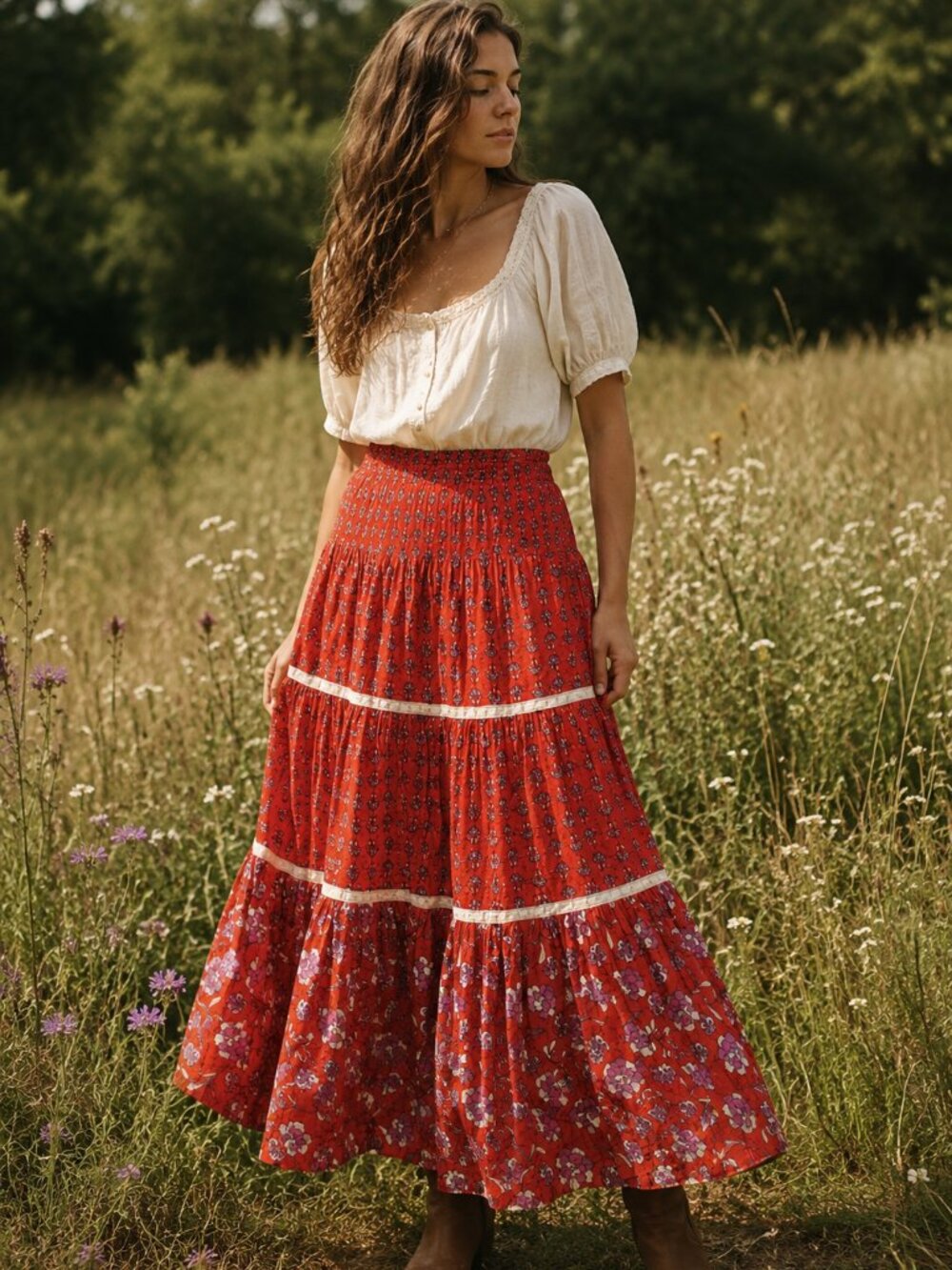 Design History Prairie Cottagecore Boho Tiered Floral Midi Skirt Orange Small